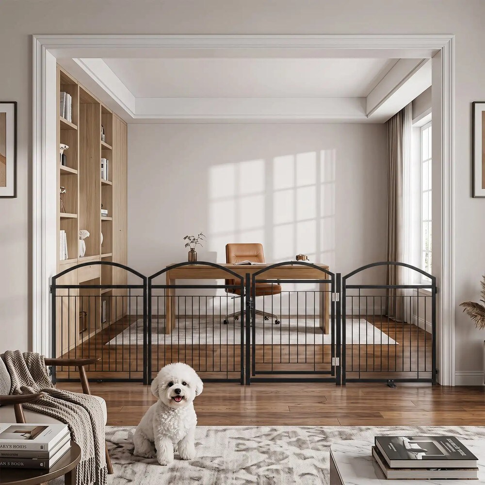 Sammenklappelig hundegitter 81 cm med 4 paneler og dør – Svart / Kæledyrsgitter / Valpeindhegning