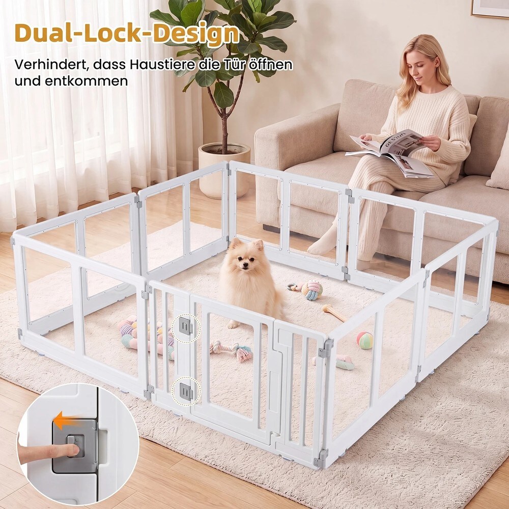 Hundeindhegning i plast med 8 paneler og låsbar dør – Gennemsigtig/Hvid / Valphage / Hundehegn