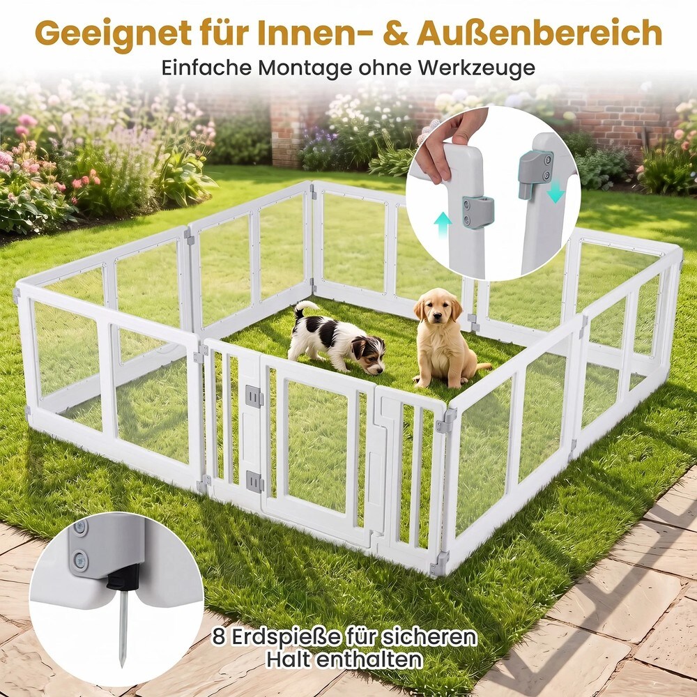 Hundeindhegning i plast med 8 paneler og låsbar dør – Gennemsigtig/Hvid / Valphage / Hundehegn