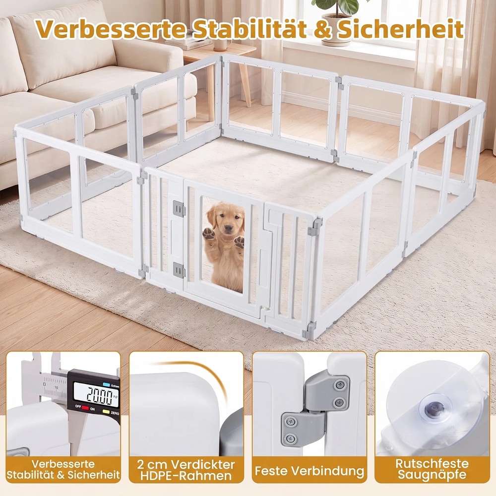 Hundeindhegning i plast med 8 paneler og låsbar dør – Gennemsigtig/Hvid / Valphage / Hundehegn