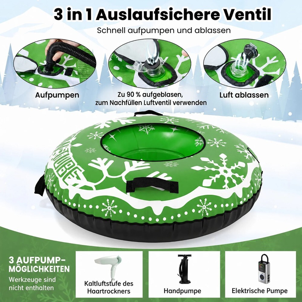 Oppustelig snepulka, 107 cm, med trækrem – Grøn / Snowtube med håndtag / Oppustelig sne-ring