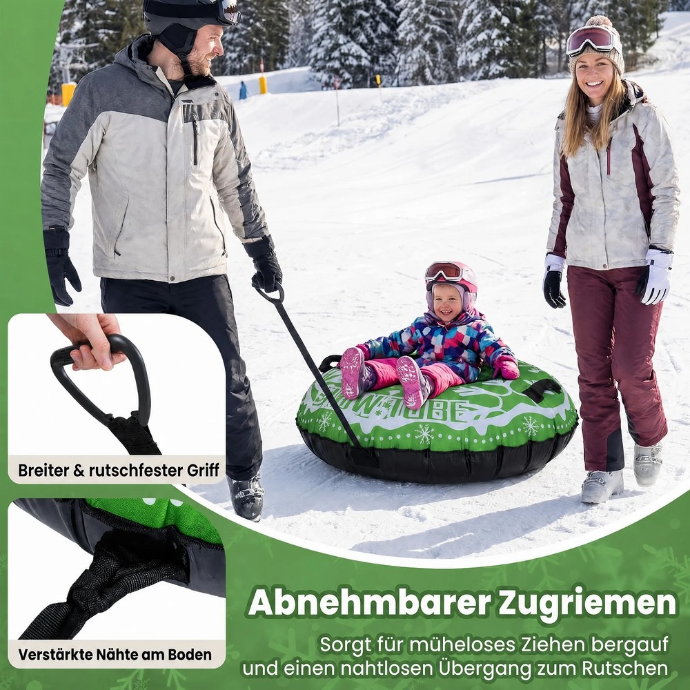 Oppustelig snepulka, 107 cm, med trækrem – Grøn / Snowtube med håndtag / Oppustelig sne-ring
