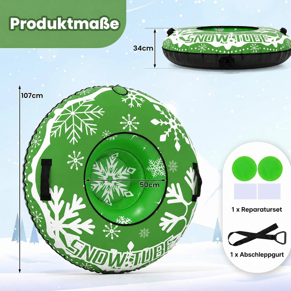Oppustelig snepulka, 107 cm, med trækrem – Grøn / Snowtube med håndtag / Oppustelig sne-ring