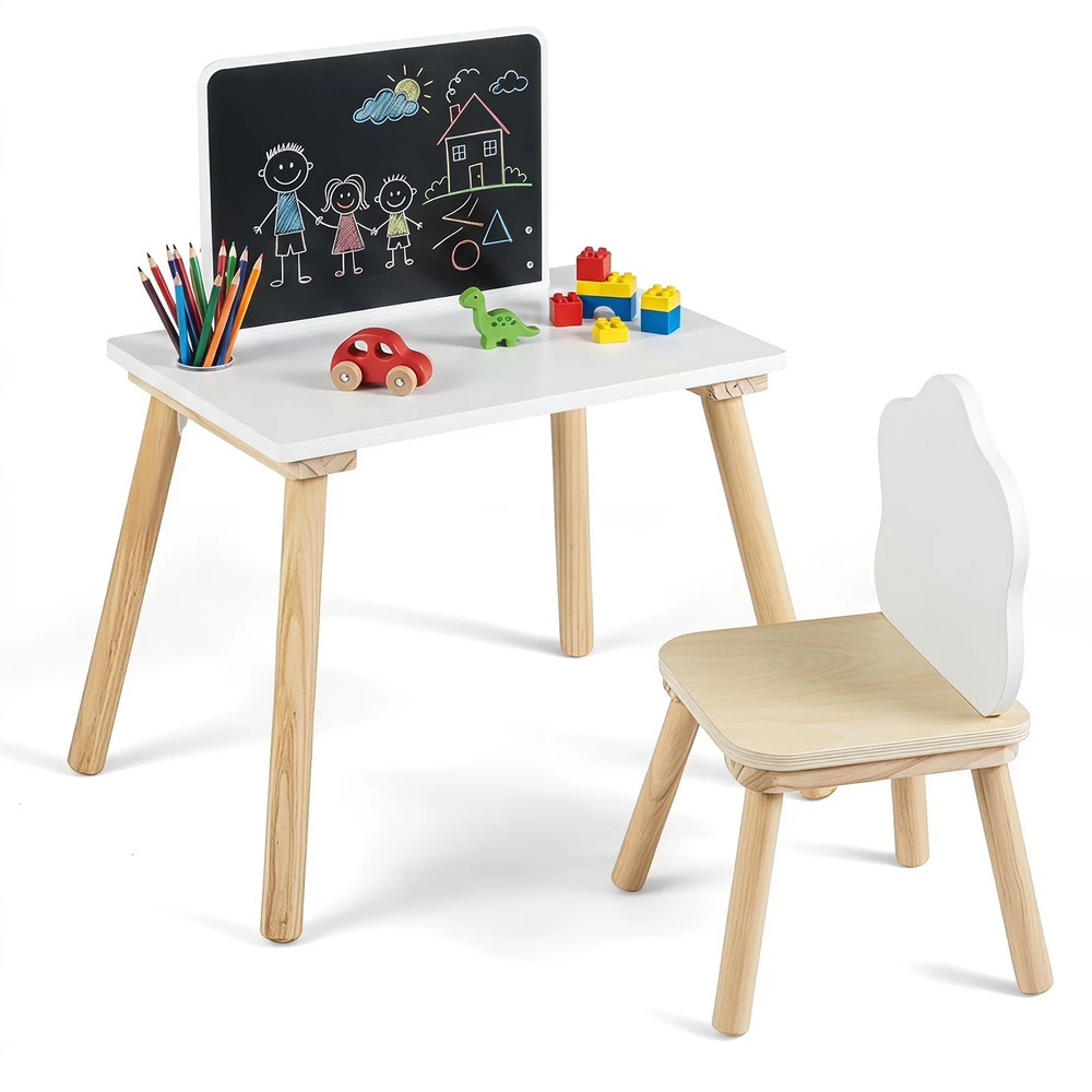 Bord og stol til småbørn med svart tavle / Børneskrivebord med stol / Tegnebord til børn