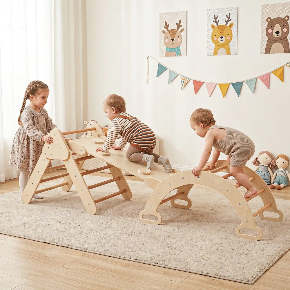 Montessori-klatresæt i træ, 3-i-1, fra 1 år – Natur / Klatre-trekant / Klatrebue