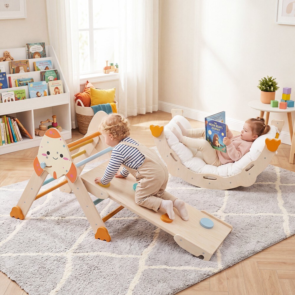 Sammenklappelig 8-i-1-klatrestativ med raketmotiv – Pastel / Montessori-klatresæt / Legegym