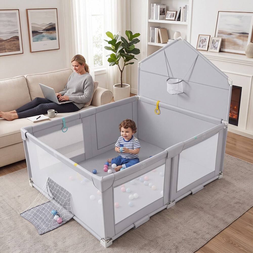 Sammenklappelig legeplads 223 x 150 cm til børn i alderen 0–3 år – Grå / Sammenklappelig legeplads / Legehegn