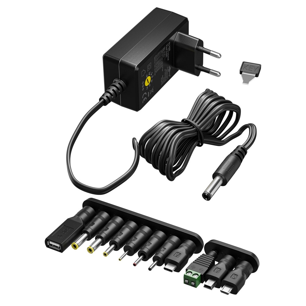 Strømadapter, universal 3–12 V, 12 W, med 11 adaptere