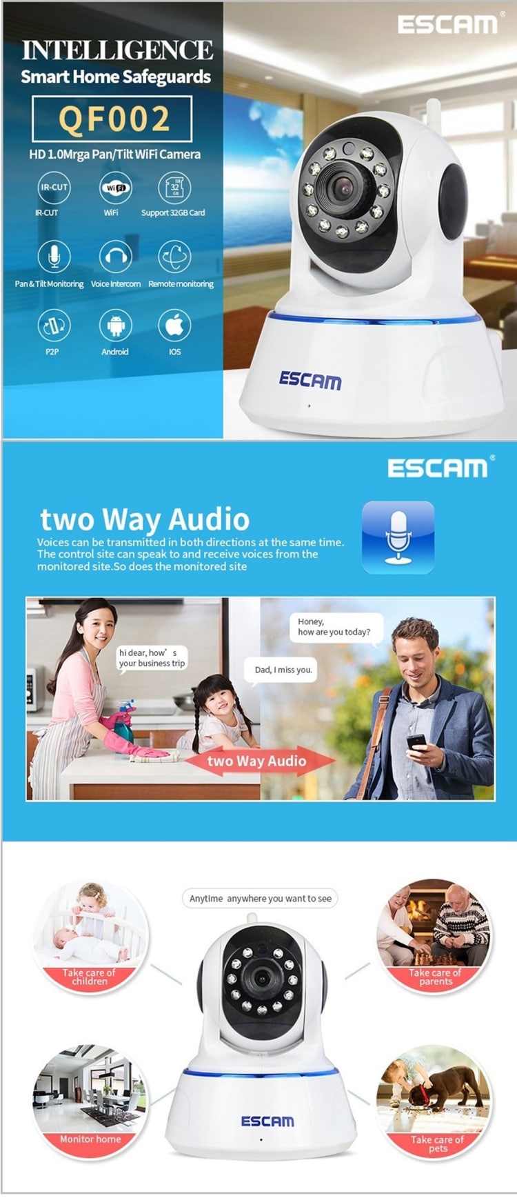 Wi-fi IP Kamera ESCAM 720P - Night Vision / Bevægelsessensitiv