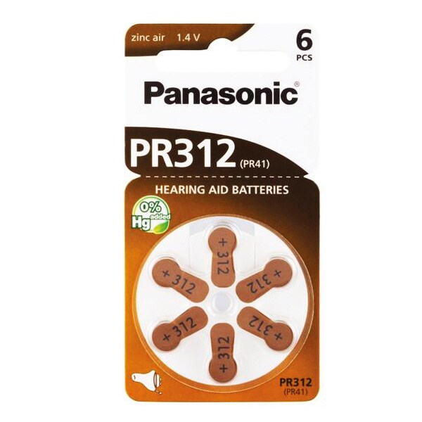 Panasonic Høreapparatbatteri PR312 Pakke med 6 stk.