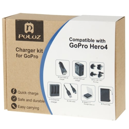 13-i-1 Opladningssæt til GoPro HERO4 - Vægoplader / Batterier / Kabler / Biloplader