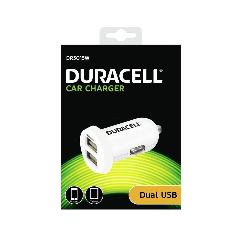 Duracell Dual Biloplader USB 3,4A Hvid