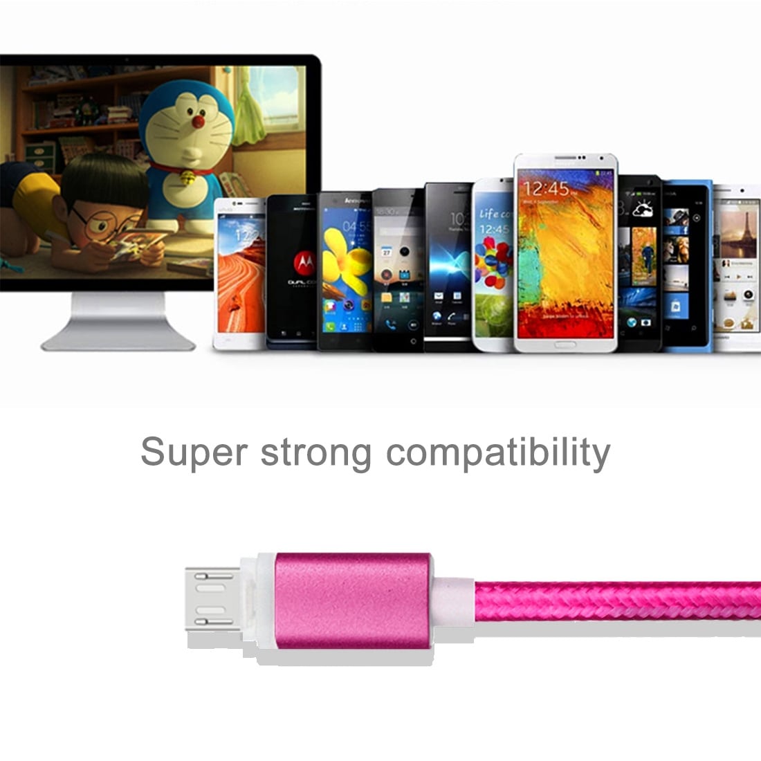 Solidt stofbeklædt Usb-kabel Micro USB med metalhoved - Storpak 8 stk. i forskellige farver
