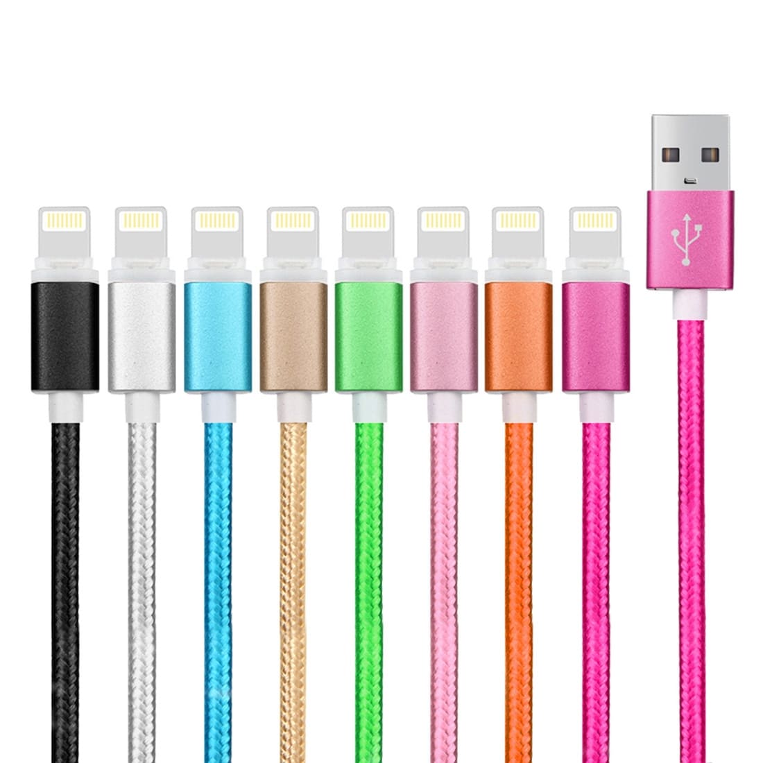 Solidt stofbeklædt Usb-kabel iPhone 5/6/7 med metalhoved - Storpak 8 stk. i forskellige farver