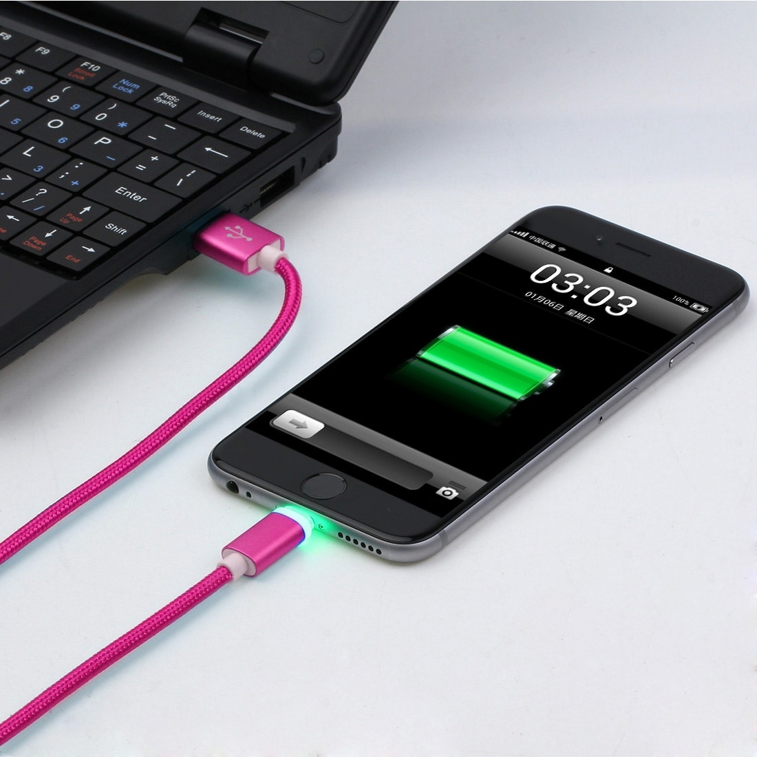 Solidt stofbeklædt Usb-kabel iPhone 5/6/7 med metalhoved - Storpak 8 stk. i forskellige farver
