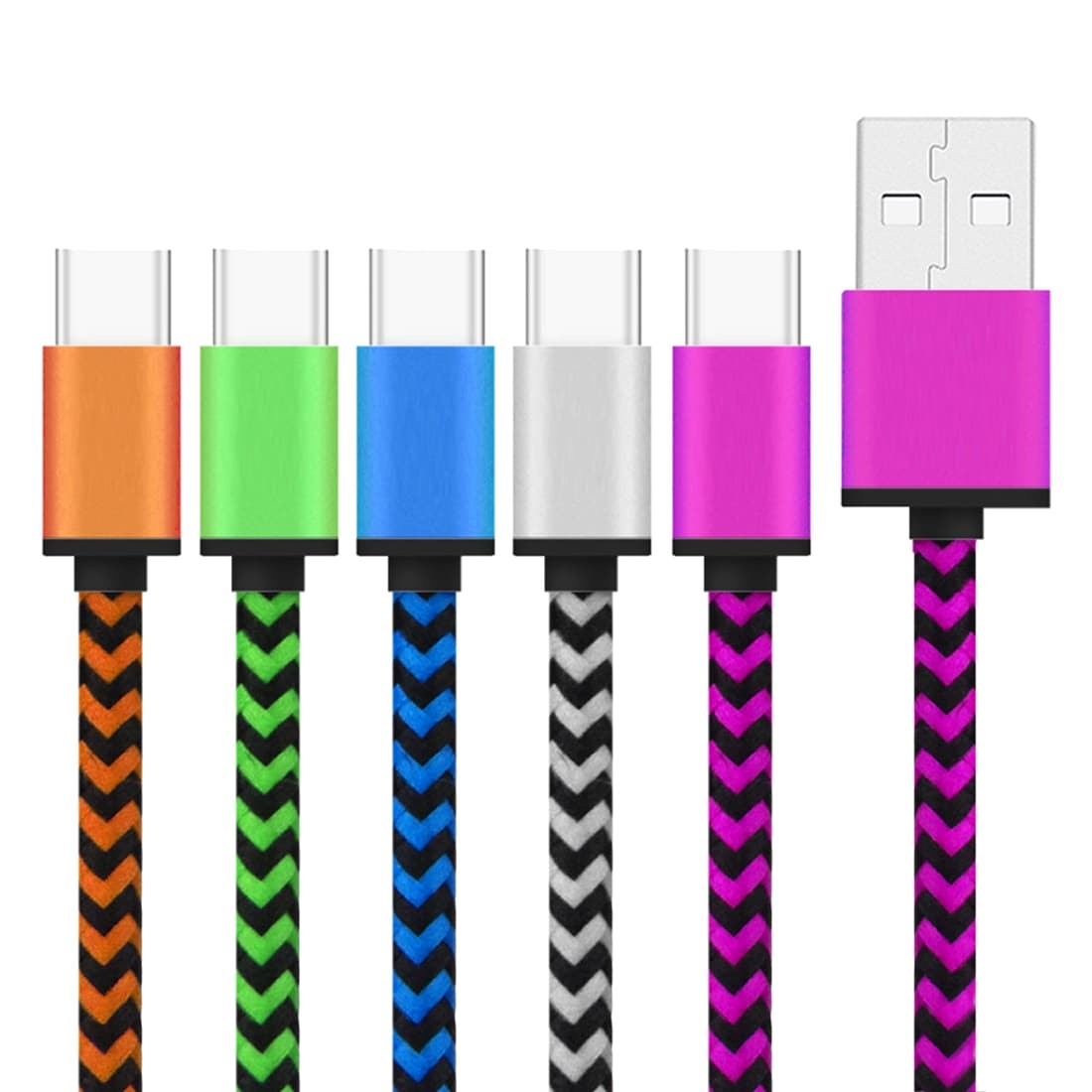 Solidt stofbeklædt Usb-kabel USB type C med metalhoved - Storpak 5 stk. i forskellige farver