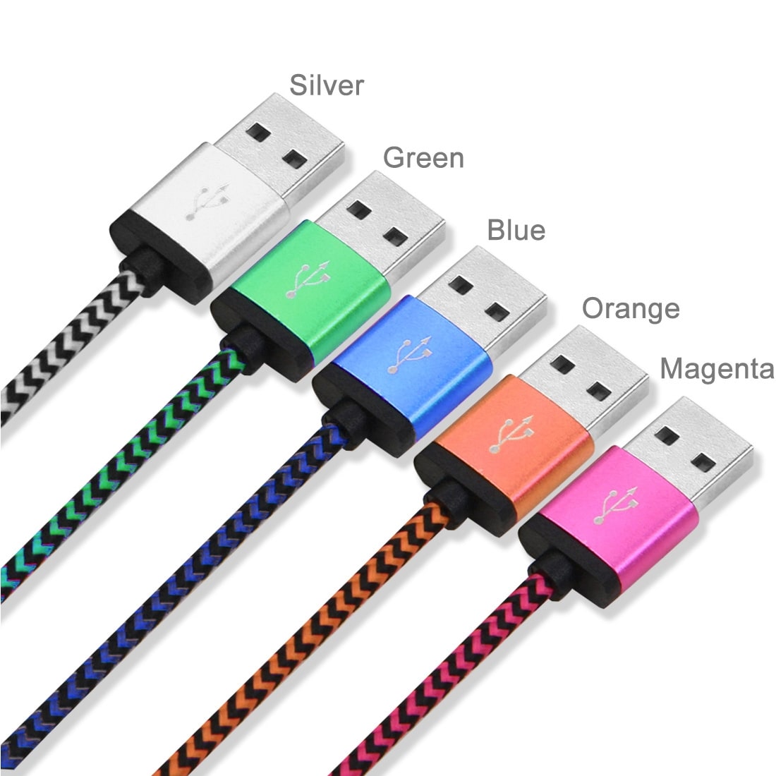 Usb-kabel USB type C med metalhoved - Storpak 5 stk. i farver - Køb på 24hshop.dk