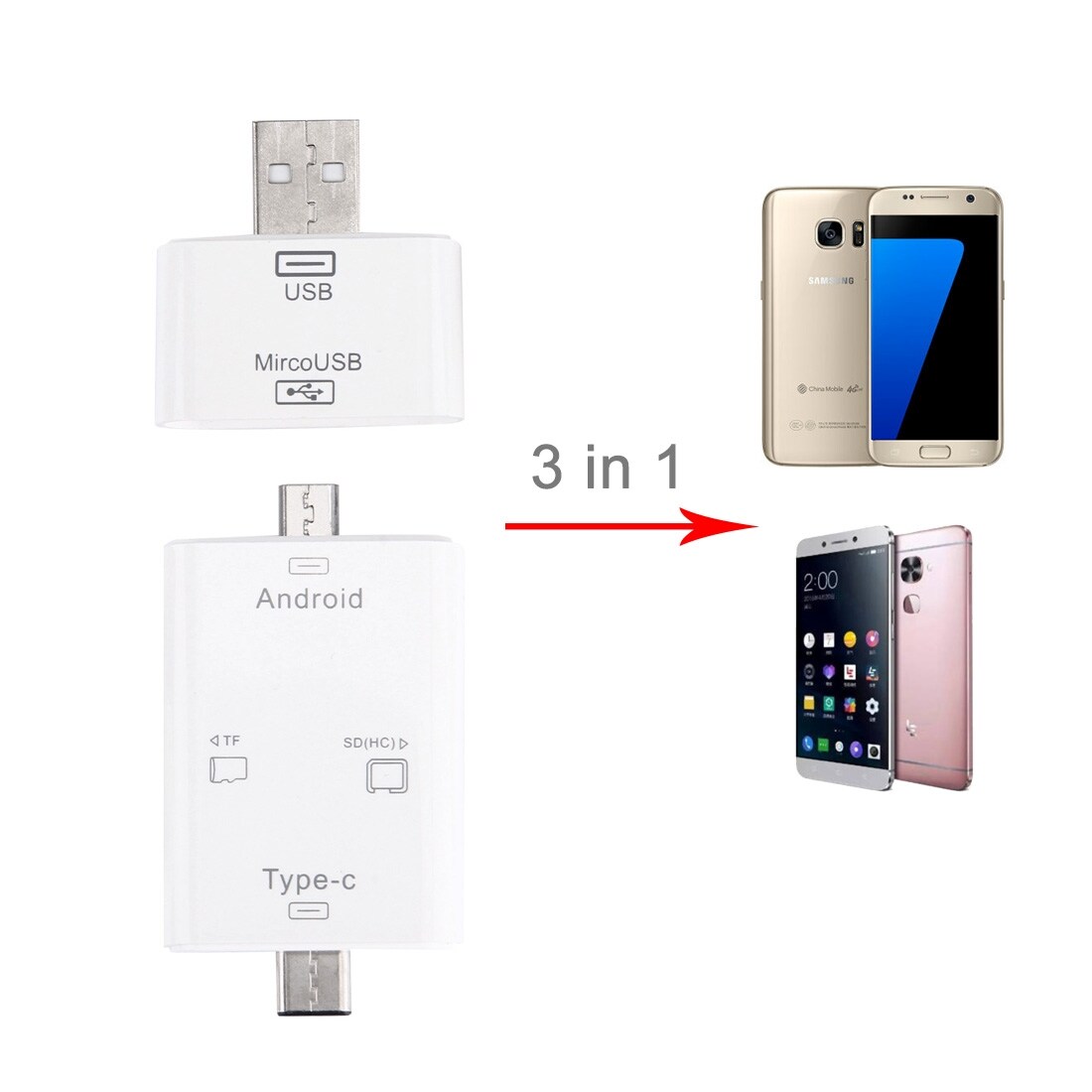 USB 3.1 Typ C til Micro USB +  Micro SD kortlæser OTG & USB Adaptor