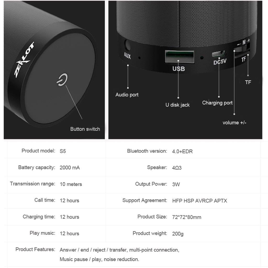 ZEALOT Bluetooth 4.0 Subwoofer Højttaler - Indbygget 2000mAh batteri