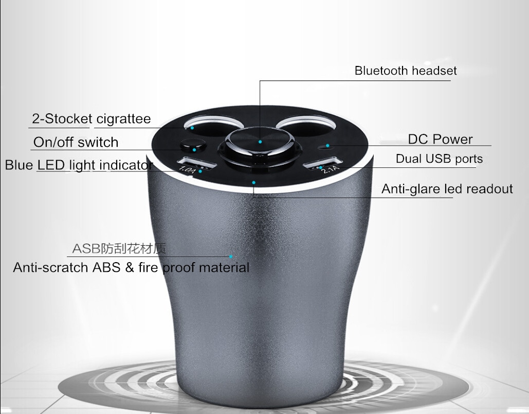 Bluetooth +billader indbygget i kopholder