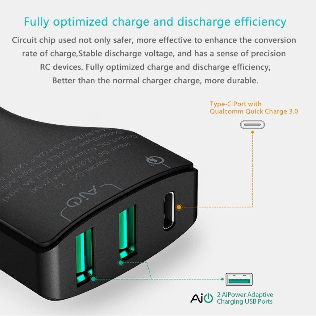 AUKEY CC-Y3 Biloplader Quick Charge 3.0, 3 x USB