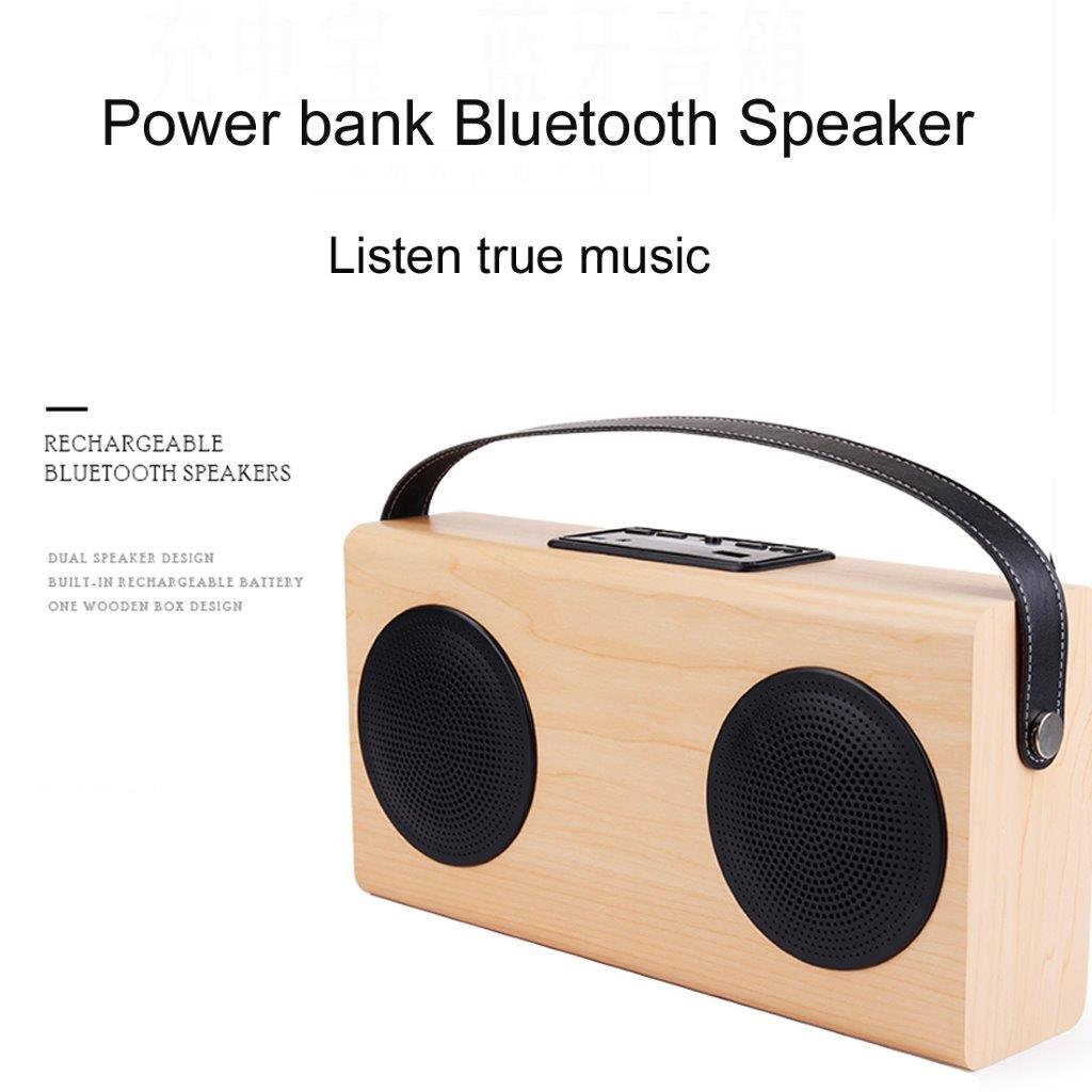 Transportabel Træ Bluetooth højttaler AUX Line In & FM & USB Power Bank