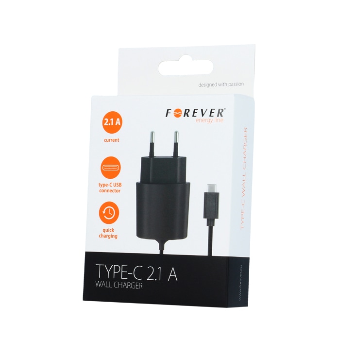 Forever Type-C USB Oplader 2.1A til Sony / Samsung / HTC / Huawei / LG m.m.