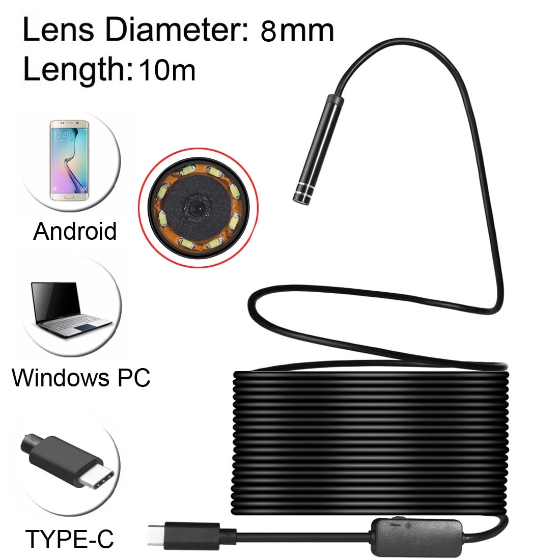 Inspektionskamera USB Type-C med 8 LED og USB-adapter - 10 meter / 8 mm