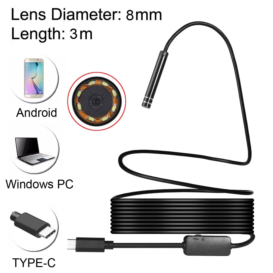 Inspektionskamera USB Type-C med 8 LED og USB-adapter - 3 meter / 8 mm