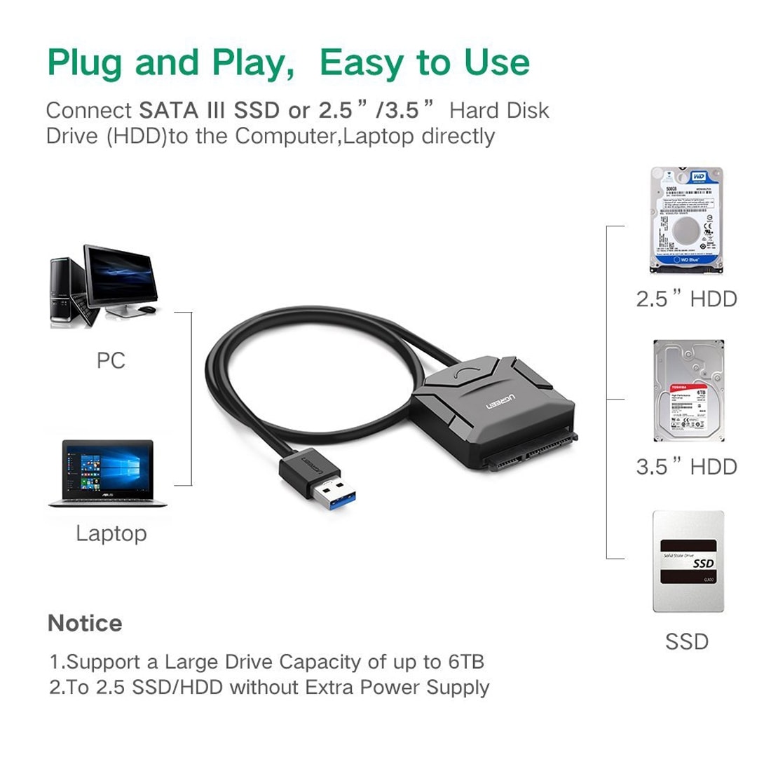 Adapter Konverter USB 3.0 til SATA Adapter 2.5 / 3.5" Harddisk