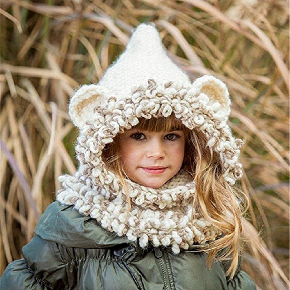 Stor tyk vinterhue i syntet-uld for børn
