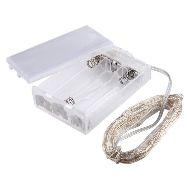 Batteridreven Lyskæde / Led-kæde med wire 5meter - 100st  koldt hvide pærer