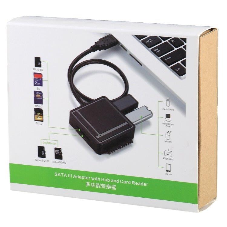Hårddisc adapter USB 3.0 til SATA 3.0 + 2 USB 3.0 + Kortlæser