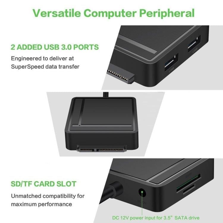 Hårddisc adapter USB 3.0 til SATA 3.0 + 2 USB 3.0 + Kortlæser