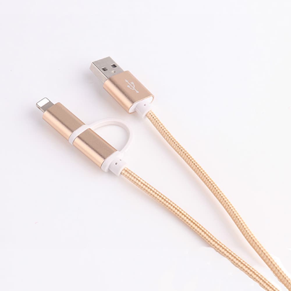 Flettet datakabel Micro USB og Lightning kontakt 2 m- Guld