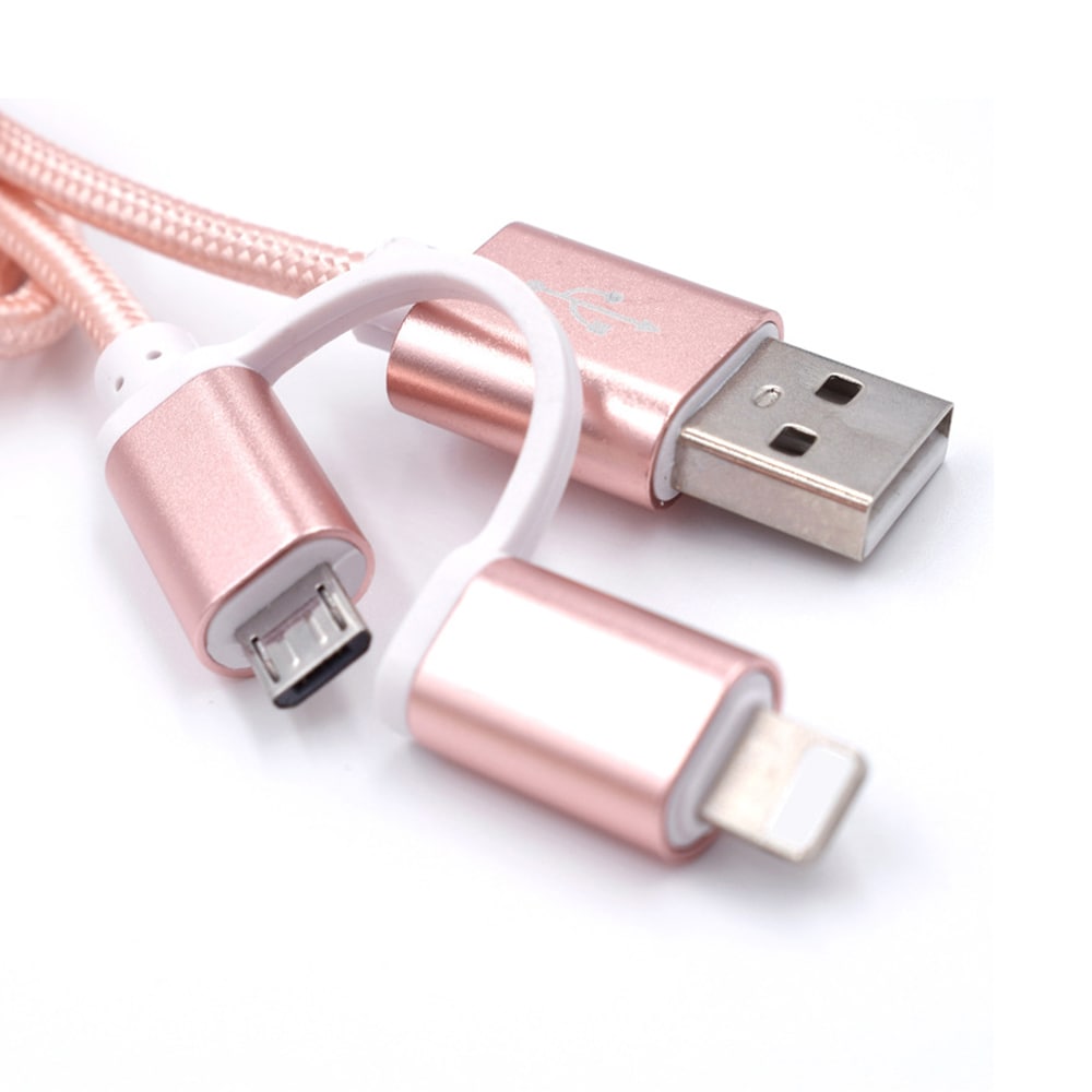 Flettet datakabel Micro USB og iPhone 2 m- Rose Guld