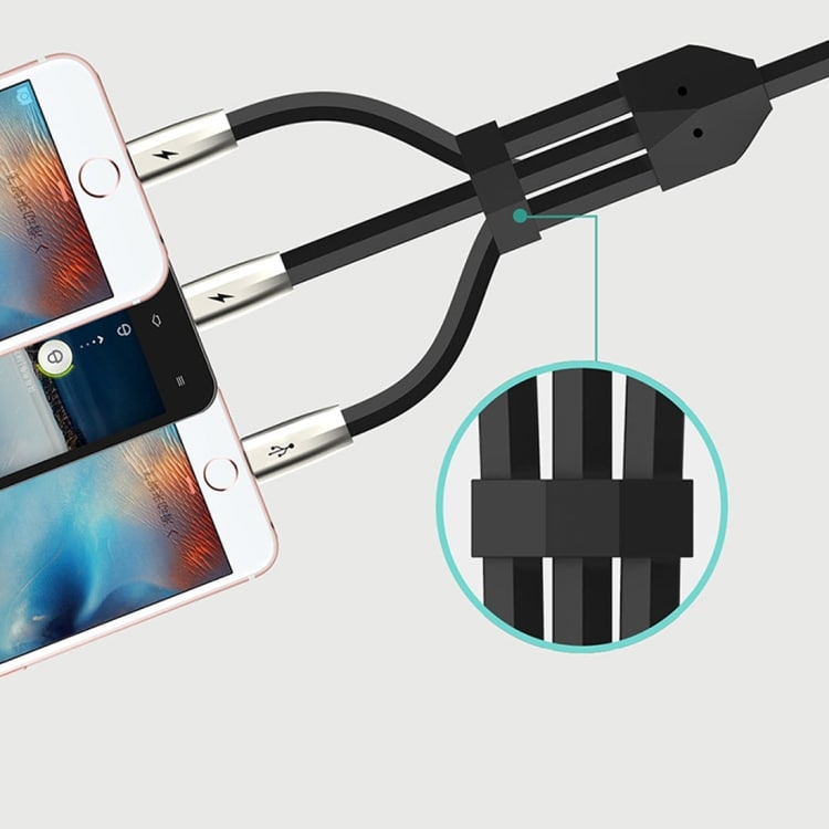 Ladekabel / Grenkabel med Dobbelte iPhone-kontakter og en Micro-USB - Sort