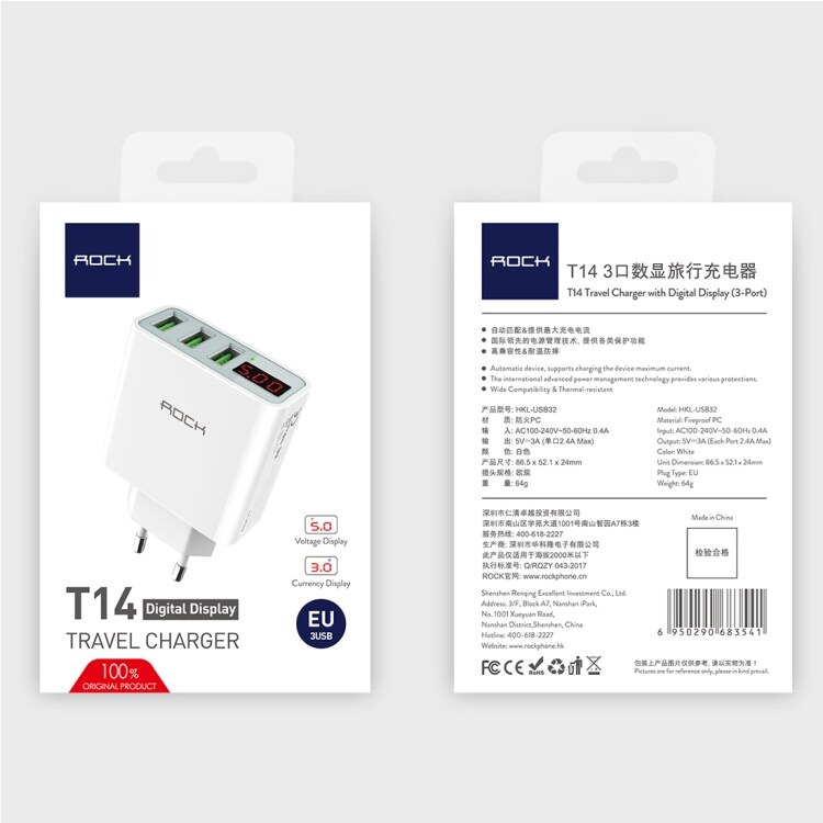 ROCK T14 3-Port USB-Lader LED Display 3A