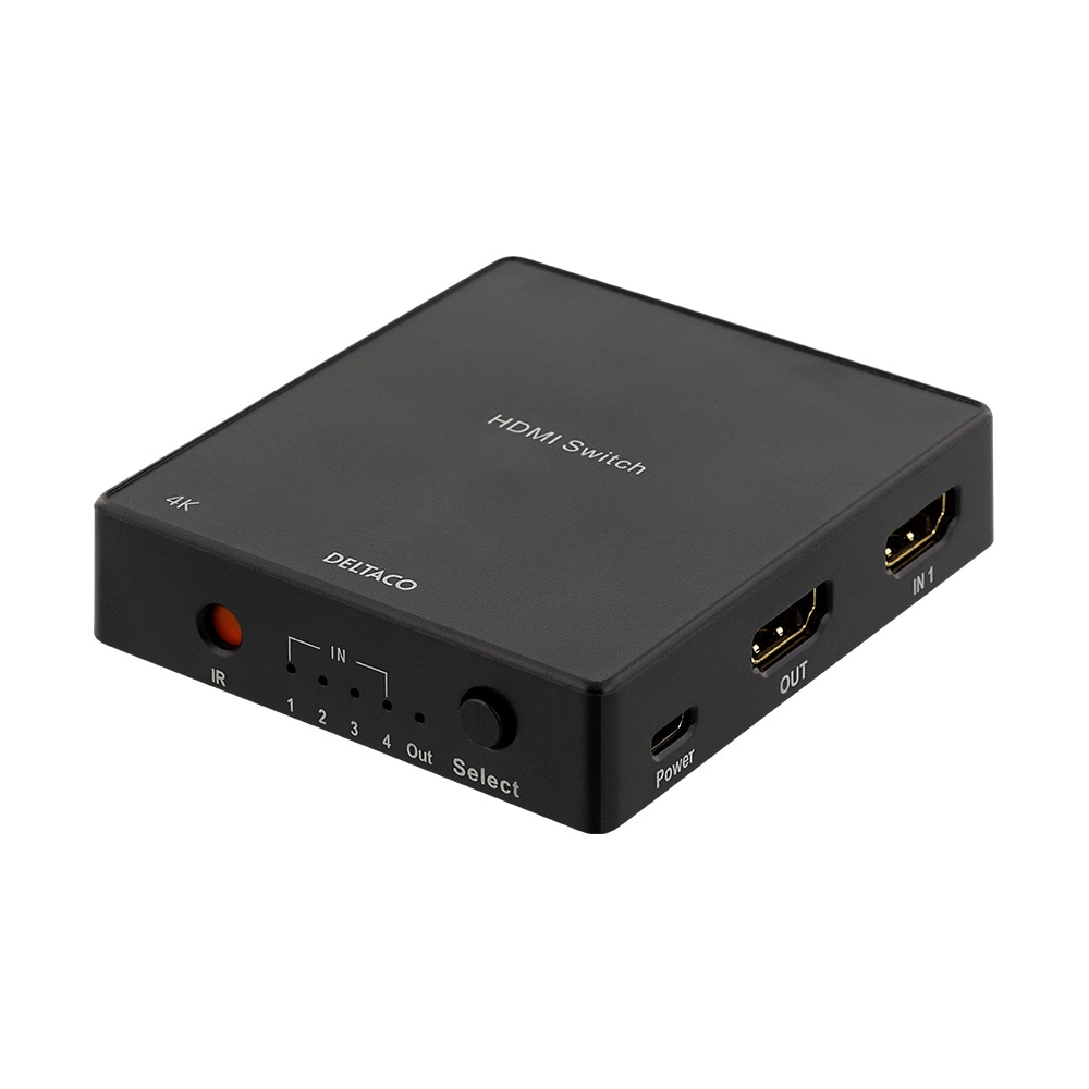 DELTACO HDMI Switch med fjernkontrol, 4 kilder, 4K-støtte