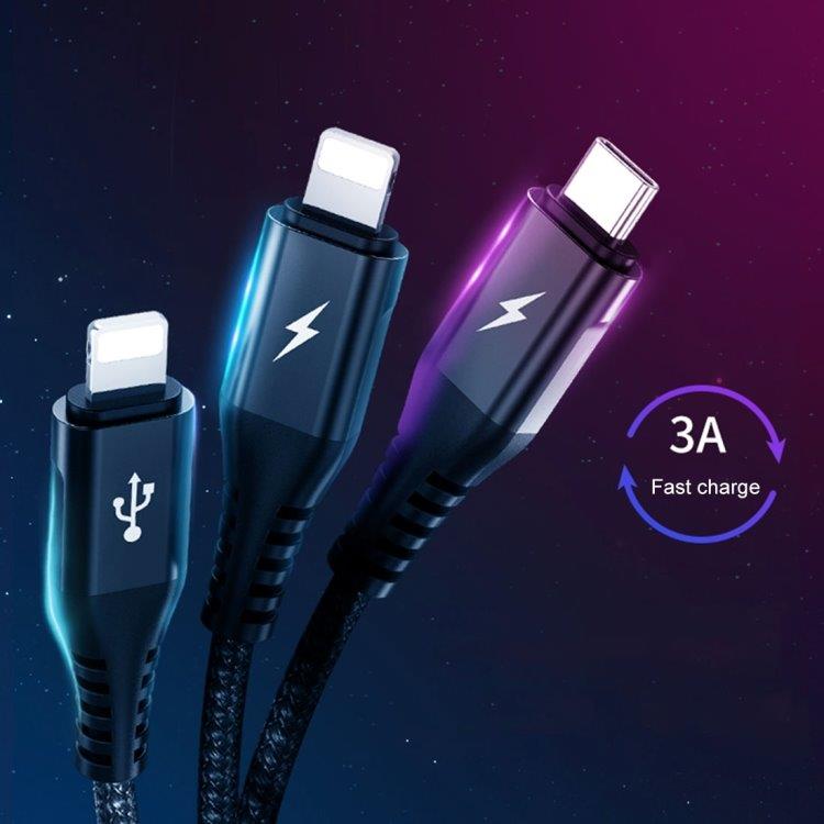 Benks 3i1 Ladekabel USB C & Lightning 1.5m Sort