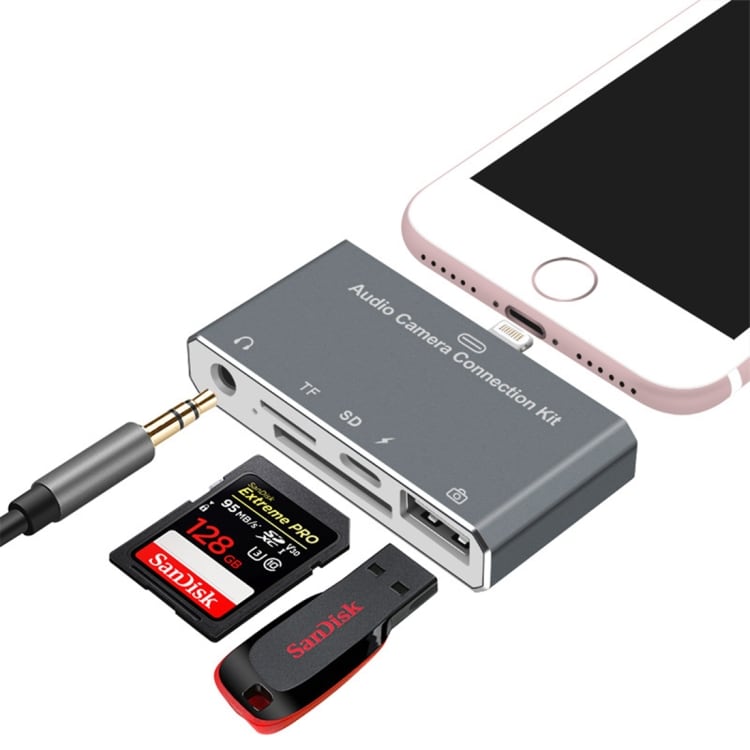 Usb kortlæser  5i1  Adapter til iPhone - SD / 3,5mm Type-C