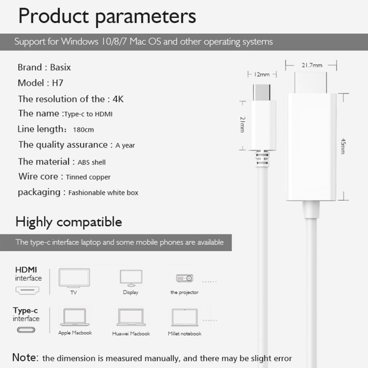 H7 USB Type-C til  HDMI Adapter 1,8meter