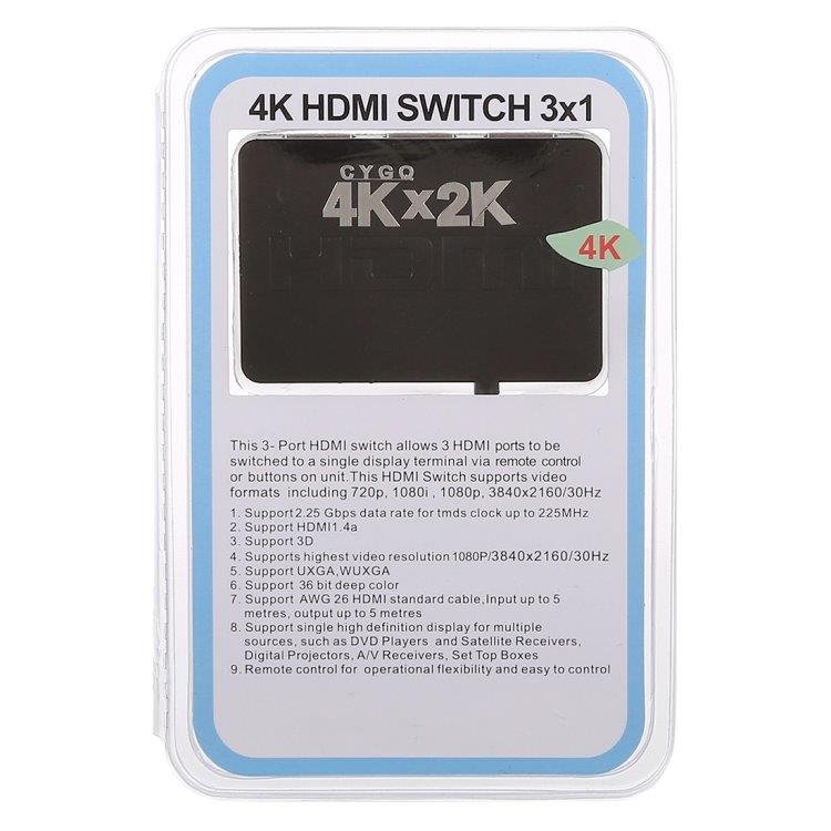 4K 3 Ports HDMI Switch med fjernkontrol