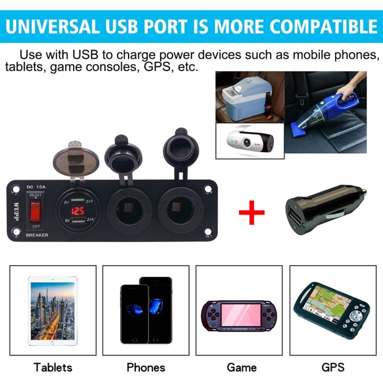 Panel Cigarettændertudtag/USBx2 og voltmeter