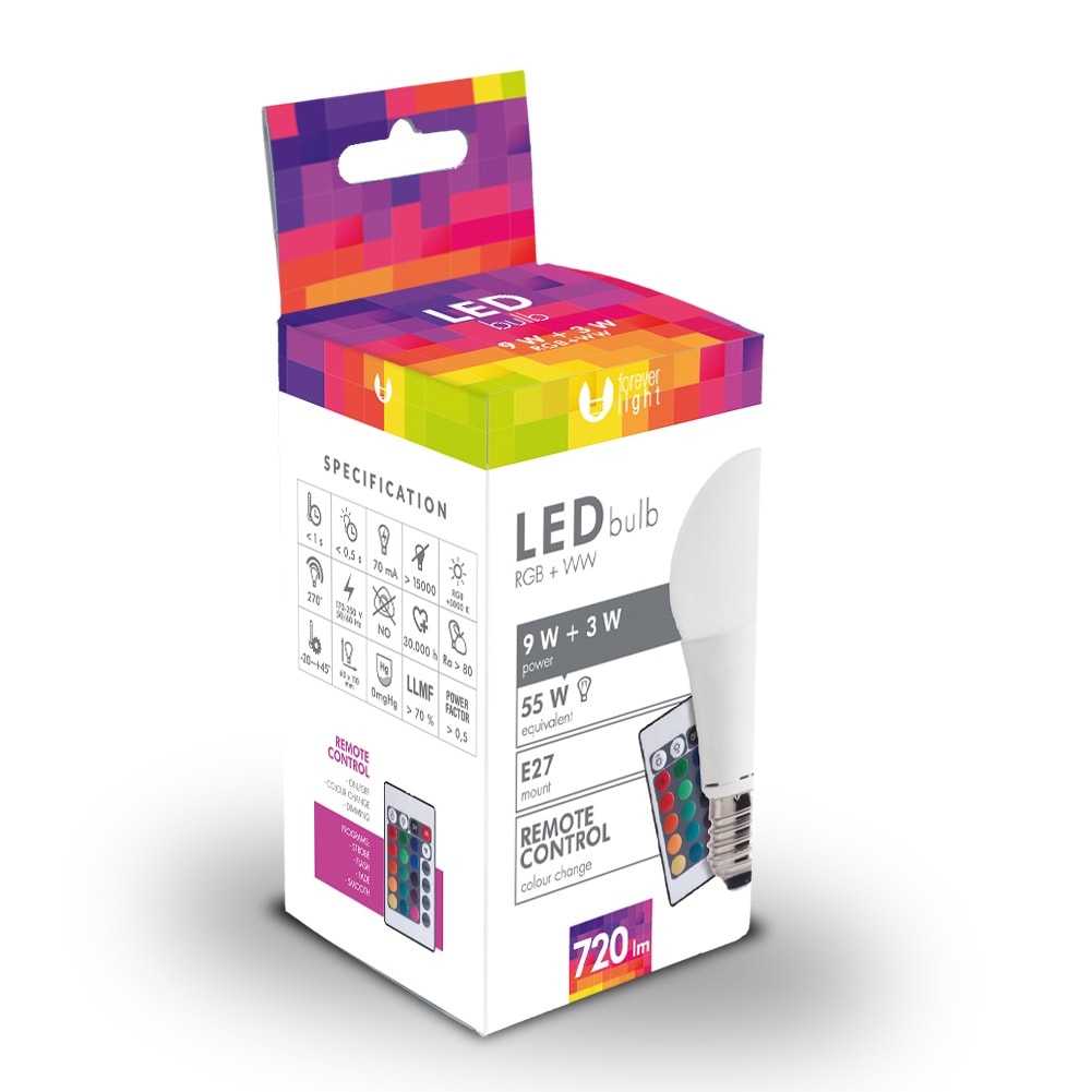 LED-pære E27 A60 RGB (3W) + (9W) med Fjernbetjening