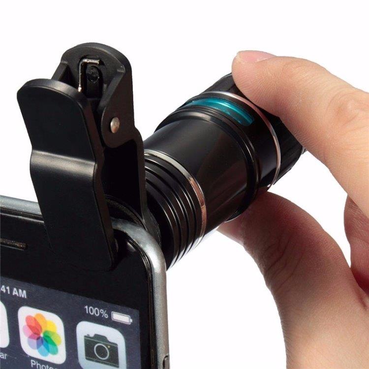 Teleobjektiv 12X optisk zoom med klemme for mobiltelefoner