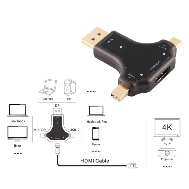 DisplayPort + Mini DisplayPort + USB Type-C til HDMI Hun