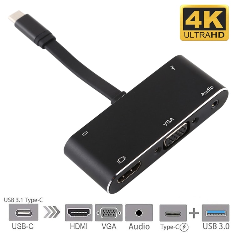 3-i-1 USB-Type-C til PD + HDMI + VGA + Audio + USB 3.0 Hun
