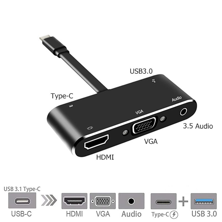 3-i-1 USB-Type-C til PD + HDMI + VGA + Audio + USB 3.0 Hun