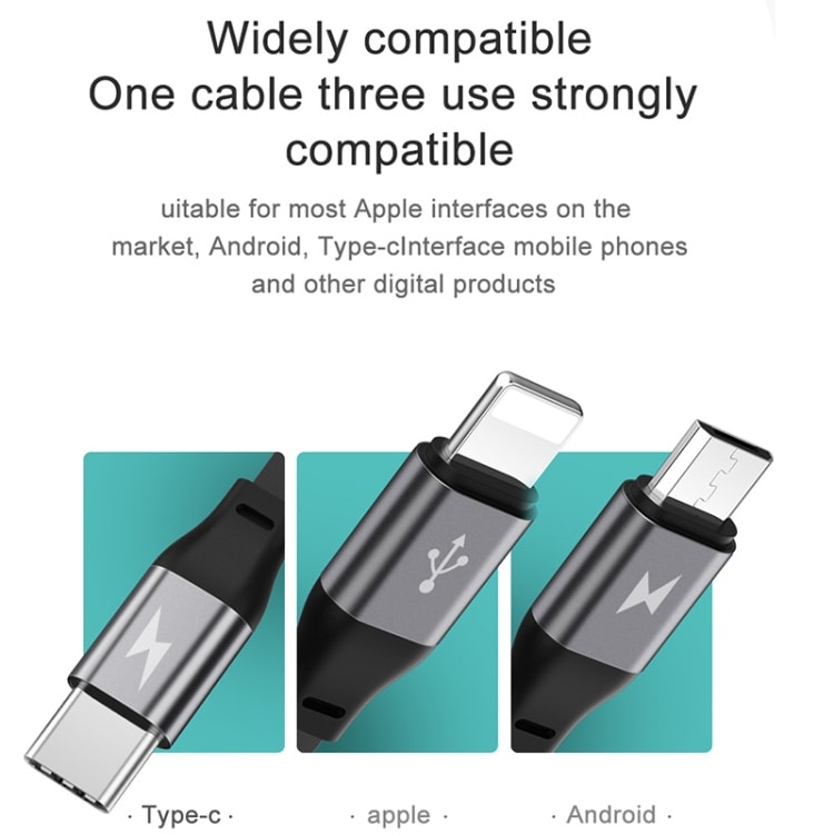 Datakabel Der Kan Trækkes Ud med 3 Stik - USB-C, Type-C og Micro USB